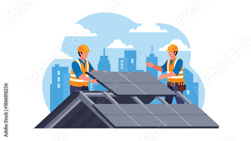 Construction workers installing roof panels on residential building, flat vector illustration showing teamwork, safety gear, height work, and professional construction skills