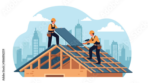 Construction workers installing roof panels on residential building, flat vector illustration showing teamwork, safety gear, height work, and professional construction skills