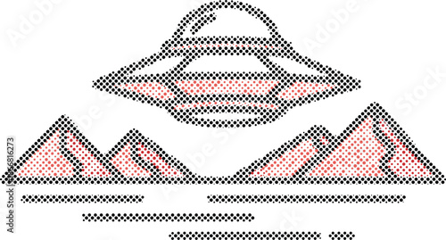 Pixelated flying saucer hovering mysteriously over abstract geometric pink mountains isolated on transparent background, Vector