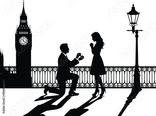 Romantic marriage proposal silhouette near Big Ben London with kneeling man woman lamppost city landmark black illustration design
