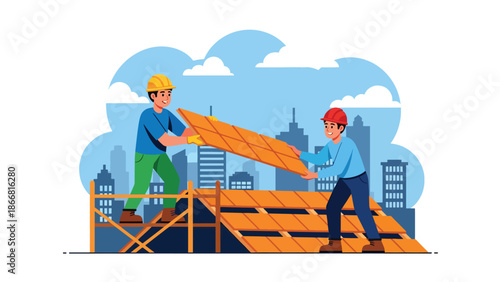 Construction workers installing roof panels on residential building, flat vector illustration showing teamwork, safety gear, height work, and professional construction skills