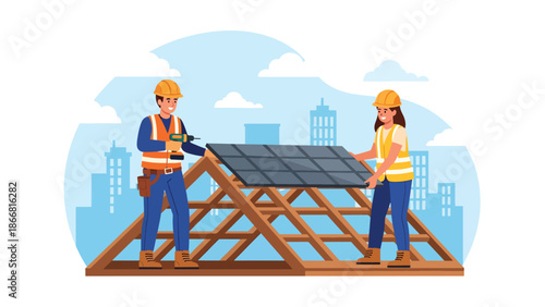 Construction workers installing roof panels on residential building, flat vector illustration showing teamwork, safety gear, height work, and professional construction skills