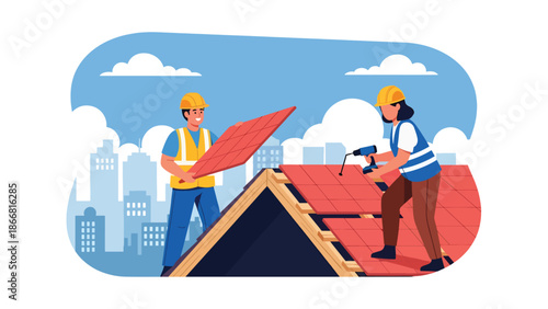 Construction workers installing roof panels on residential building, flat vector illustration showing teamwork, safety gear, height work, and professional construction skills