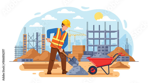 Construction worker mixing cement at active site, flat vector illustration highlighting material preparation, safety equipment, and professional construction workflow
