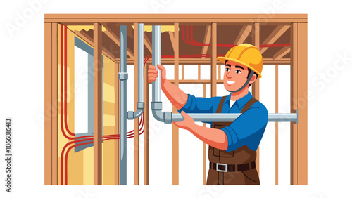Construction workers installing plumbing pipes inside building framework, flat vector illustration showing infrastructure systems, teamwork, and professional construction installation work