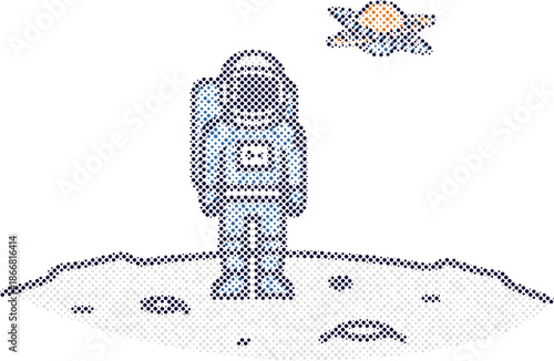 An astronaut standing on a dotted moon surface with a celestial body in the distant sky isolated on transparent background, Vector