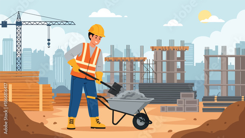 Construction worker mixing cement at active site, flat vector illustration highlighting material preparation, safety equipment, and professional construction workflow