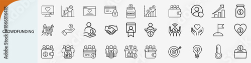 crowdfunding and charity donation outline icons, business startup funding vector set
