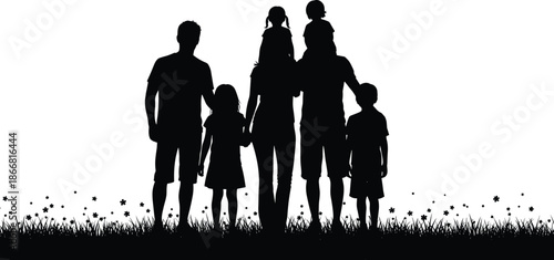 Black silhouette of a large happy family with parents and children standing in a meadow isolated on white background for design