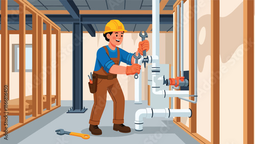 Construction workers installing plumbing pipes inside building framework, flat vector illustration showing infrastructure systems, teamwork, and professional construction installation work