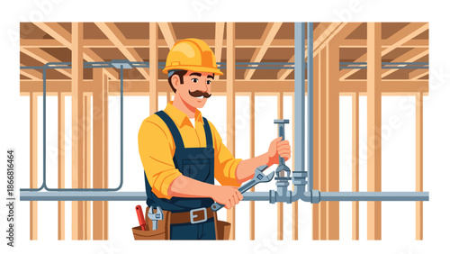Construction workers installing plumbing pipes inside building framework, flat vector illustration showing infrastructure systems, teamwork, and professional construction installation work