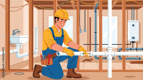 Construction workers installing plumbing pipes inside building framework, flat vector illustration showing infrastructure systems, teamwork, and professional construction installation work