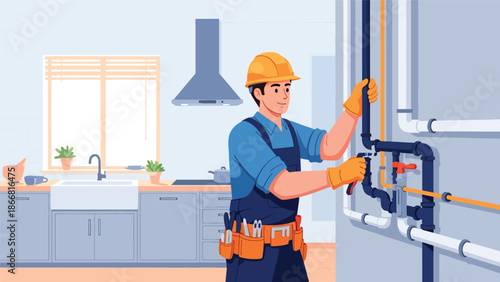 Construction workers installing plumbing pipes inside building framework, flat vector illustration showing infrastructure systems, teamwork, and professional construction installation work