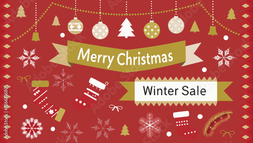 Festive christmas background with ornaments sale banners and a merry christmas message