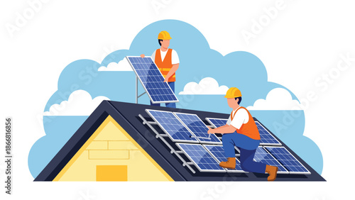 Construction workers installing solar panels on building roof, flat vector illustration highlighting sustainable construction, teamwork, safety gear, and renewable energy industry