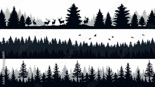 Silhouette of deer and evergreen trees in a layered forest landscape