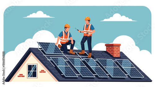 Construction workers installing solar panels on building roof, flat vector illustration highlighting sustainable construction, teamwork, safety gear, and renewable energy industry