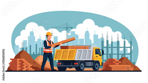 Construction worker loading materials onto truck at job site, flat vector illustration showing logistics, supply chain, safety practices, and construction workflow