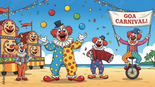 A colorful illustration of happy clowns celebrating the Goa Carnival on a sunny beach with balloons and banners