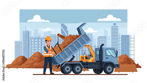 Construction worker loading materials onto truck at job site, flat vector illustration showing logistics, supply chain, safety practices, and construction workflow