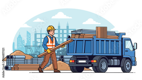 Construction worker loading materials onto truck at job site, flat vector illustration showing logistics, supply chain, safety practices, and construction workflow