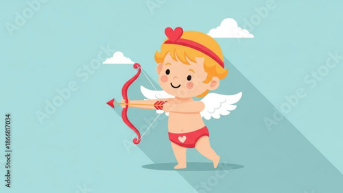 A cute cartoon cherub with blonde hair and white wings wearing a red heart headband and underwear holding a bow and arrow in a playful and cheerful illustration
