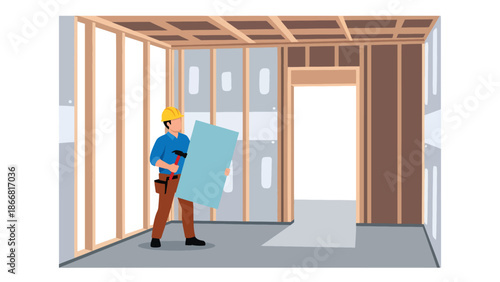 Construction workers building interior walls inside unfinished building, flat vector illustration emphasizing teamwork, precision, safety equipment, and interior construction stages