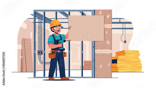 Construction workers building interior walls inside unfinished building, flat vector illustration emphasizing teamwork, precision, safety equipment, and interior construction stages