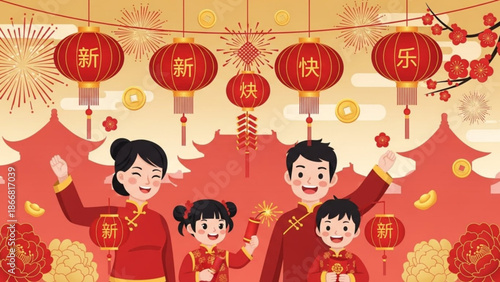 A vibrant and festive illustration of a Chinese family celebrating the Lunar New Year with traditional lanterns and decorations in a joyful and colorful scene