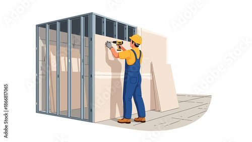 Construction workers building interior walls inside unfinished building, flat vector illustration emphasizing teamwork, precision, safety equipment, and interior construction stages
