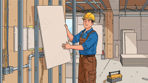 Construction workers building interior walls inside unfinished building, flat vector illustration emphasizing teamwork, precision, safety equipment, and interior construction stages