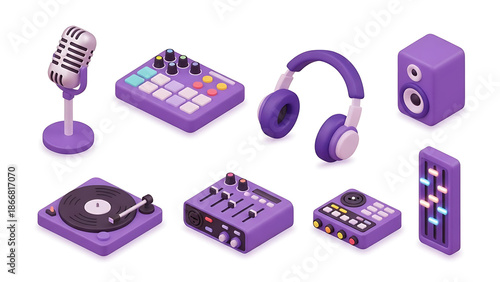 3D Purple Music Production Icons Set with Microphone, Headphones, Mixer and Speaker