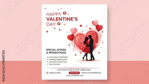 A Valentine's Day flyer template with a silhouette of a couple embracing in front of a large heart surrounded by smaller hearts on a pink background