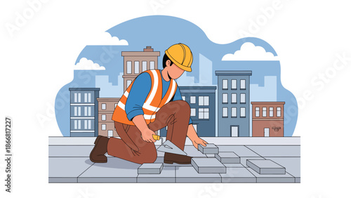 Construction workers paving sidewalk in urban area, flat vector illustration showing public infrastructure improvement, teamwork, safety standards, and city development