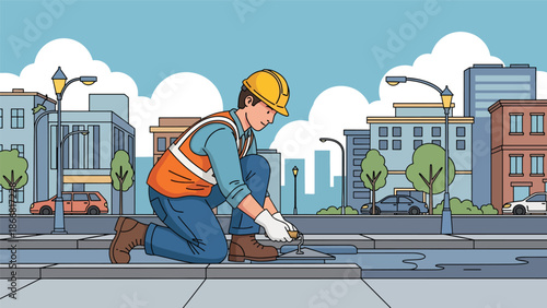 Construction workers paving sidewalk in urban area, flat vector illustration showing public infrastructure improvement, teamwork, safety standards, and city development