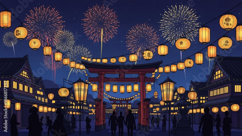 A vibrant nighttime illustration of a Japanese festival with people walking under a torii gate surrounded by glowing lanterns and fireworks exploding in the sky.
