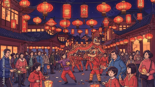 A vibrant vector illustration of a Chinese New Year celebration with a dragon dance performance in a crowded street surrounded by red lanterns and traditional architecture at night