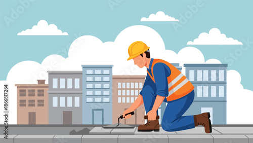 Construction workers paving sidewalk in urban area, flat vector illustration showing public infrastructure improvement, teamwork, safety standards, and city development