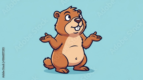 A cartoon beaver with a cheerful expression stands on its hind legs with its front paws raised in a friendly gesture against a light blue background