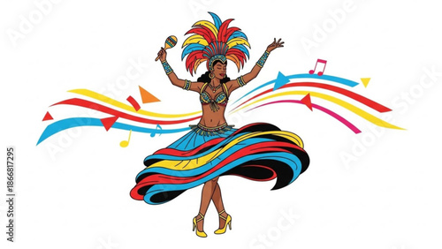 A vibrant vector illustration of a woman dancing in a colorful costume with feathers and ribbons, surrounded by dynamic music notes and swirling patterns