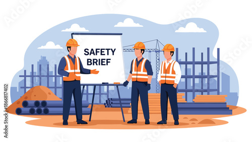 Flat vector illustration of construction workers attending a safety briefing at a construction site, ideal for workplace safety training, construction manuals, presentations, and occupational health