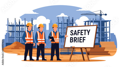 Flat vector illustration of construction workers attending a safety briefing at a construction site, ideal for workplace safety training, construction manuals, presentations, and occupational health