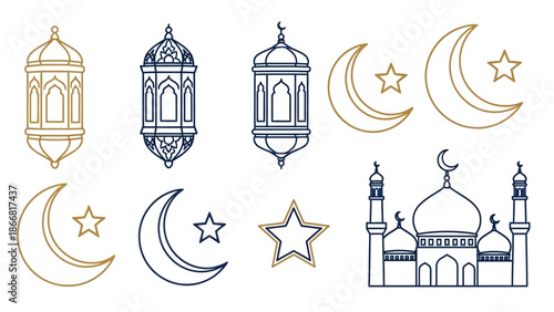 Hand Drawn Islamic Elements Collection with Mosques, Lanterns, and Crescent Moons.