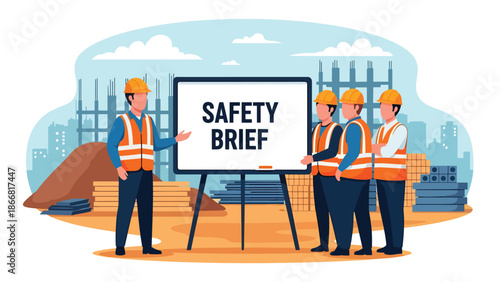 Flat vector illustration of construction workers attending a safety briefing at a construction site, ideal for workplace safety training, construction manuals, presentations, and occupational health