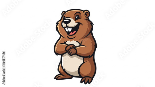 A cartoon illustration of a cheerful beaver standing on its hind legs with its front paws clasped together on a transparent background