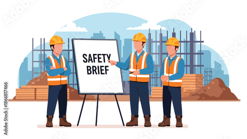 Flat vector illustration of construction workers attending a safety briefing at a construction site, ideal for workplace safety training, construction manuals, presentations, and occupational health