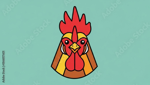 A colorful vector illustration of a rooster's head with a bold and stylized design on a solid mint green background