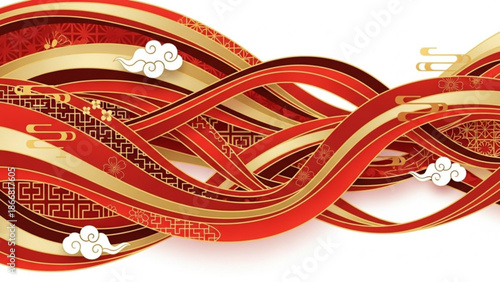 A vibrant red and gold ribbon design with intricate patterns and clouds on a white background