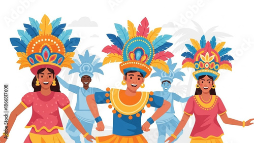 A vibrant illustration of people wearing colorful costumes and headdresses, dancing together in a lively celebration.