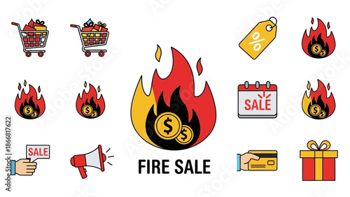 Fire Sale Concept with Flaming Dollar Sign and Shopping Elements.